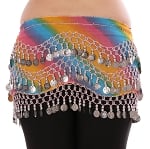 Chiffon Belly Dance Hip Scarf with Beads & Coins - RAINBOW BLUE / SILVER