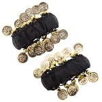 Chiffon Stretch Bracelets with Beads & Coins (PAIR): BLACK / GOLD