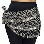 Chiffon Belly Dance Hip Scarf with Beads & Coins - ZEBRA / SILVER