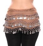 Chiffon Belly Dance Hip Scarf with Beads & Coins - MOCHA / SILVER