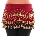 Chiffon Belly Dance Hip Scarf with Beads & Coins - RED ROSE / GOLD