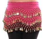 Chiffon Belly Dance Hip Scarf with Beads & Coins - ROSE PINK / GOLD
