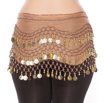 Chiffon Belly Dance Hip Scarf with Beads & Coins - MOCHA / GOLD