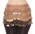 Chiffon Belly Dance Hip Scarf with Beads & Coins - MOCHA / GOLD