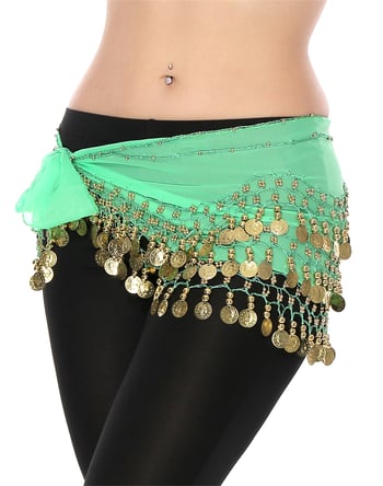 Chiffon Belly Dance Hip Scarf with Beads & Coins - MINT GREEN / GOLD