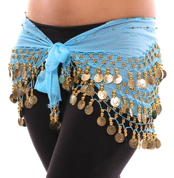 Chiffon Belly Dance Hip Scarf with Beads & Coins - BLUE TURQUOISE / GOLD