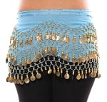 Chiffon Belly Dance Hip Scarf with Beads & Coins - BLUE TURQUOISE / GOLD