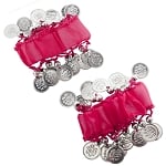 Chiffon Stretch Bracelets with Beads & Coins (PAIR): ROSE PINK / SILVER