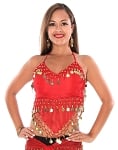 Sheer Chiffon Dance Halter Top with Coins - RED / GOLD