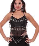 Sheer Chiffon Dance Halter Top with Coins - BLACK / SILVER