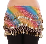 Chiffon Belly Dance Hip Scarf with Beads & Coins - RAINBOW BLUE / GOLD
