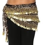 Chiffon Belly Dance Hip Scarf with Beads & Coins - LEOPARD / GOLD
