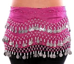 Chiffon Belly Dance Hip Scarf with Beads & Coins - FUCHSIA / SILVER
