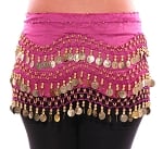 Chiffon Belly Dance Hip Scarf with Beads & Coins - FUCHSIA / GOLD
