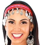 Sequin Belly Dance Costume Headband with Coins - RED / SILVER