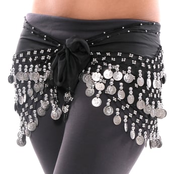 Chiffon Belly Dance Hip Scarf with Beads & Coins - BLACK / SILVER