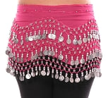 Chiffon Belly Dance Hip Scarf with Beads & Coins - ROSE PINK / SILVER