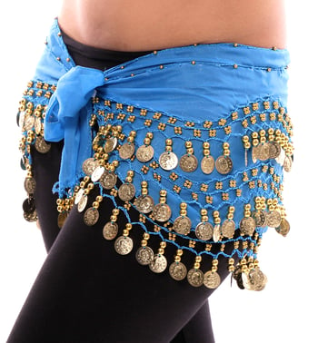Chiffon Belly Dance Hip Scarf with Beads & Coins - AZURE BLUE / GOLD