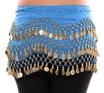 Chiffon Belly Dance Hip Scarf with Beads & Coins - AZURE BLUE / GOLD