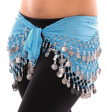 Chiffon Belly Dance Hip Scarf with Beads & Coins - BLUE TURQUOISE / SILVER