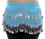 Chiffon Belly Dance Hip Scarf with Beads & Coins - BLUE TURQUOISE / SILVER