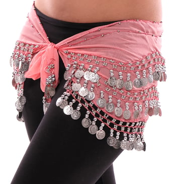 Chiffon Belly Dance Hip Scarf with Beads & Coins - CORAL / SILVER