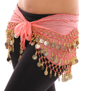 Chiffon Belly Dance Hip Scarf with Beads & Coins - CORAL / GOLD