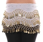 Chiffon Belly Dance Hip Scarf with Beads & Coins - WHITE / GOLD