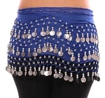Chiffon Belly Dance Hip Scarf with Beads & Coins - ROYAL BLUE / SILVER