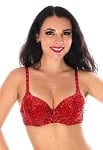 Sequin Dance Costume Bra with Beaded Floral Design - RED