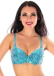 Sequin Dance Costume Bra with Beaded Floral Design - TURQUOISE