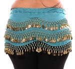 Plus Size 1X - 4X Chiffon Belly Dance Hip Scarf with Coins - TURQUOISE / GOLD