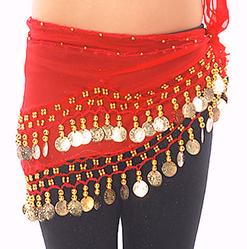 Kids Size Chiffon Hip Scarf with Coins - RED / GOLD