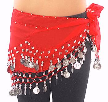 Kids Size Chiffon Hip Scarf with Coins - RED / SILVER