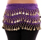 Chiffon Belly Dance Hip Scarf with Beads & Coins - PURPLE GRAPE / GOLD