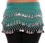 Chiffon Belly Dance Hip Scarf with Beads & Coins - TEAL GREEN / SILVER
