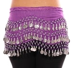Chiffon Belly Dance Hip Scarf with Beads & Coins - PURPLE / SILVER