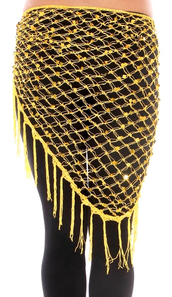 Crochet Net Shawl Scarf with Square Sequins & Fringe - YELLOW / GOLD