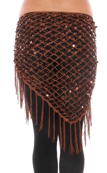 Crochet Net Shawl Scarf with Square Sequins & Fringe - CHOCOLATE BRONZE