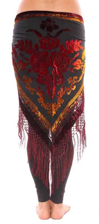 Burnout Velvet Rose Pattern Shawl Hip Scarf with Fringe - BURGUNDY MULTI