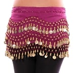 Chiffon Belly Dance Hip Scarf with Beads & Coins - PURPLE PLUM / GOLD