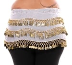 Plus Size 1X - 4X Chiffon Belly Dance Hip Scarf with Coins - WHITE / GOLD