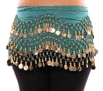 Chiffon Belly Dance Hip Scarf with Beads & Coins - TEAL GREEN / GOLD