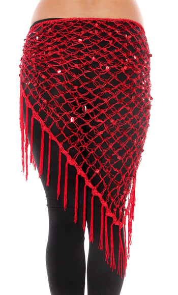 Crochet Net Shawl Scarf with Square Sequins & Fringe - RED