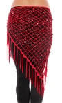 Crochet Net Shawl Scarf with Square Sequins & Fringe - RED