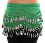 Chiffon Belly Dance Hip Scarf with Beads & Coins - GREEN / SILVER