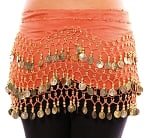 Chiffon Belly Dance Hip Scarf with Beads & Coins - ORANGE / GOLD