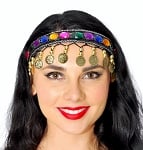Jeweled Belly Dance Headband with Coins & Beads - GOLD