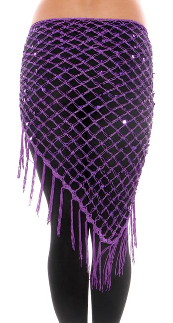 Crochet Net Shawl Scarf with Square Sequins & Fringe - PURPLE PLUM