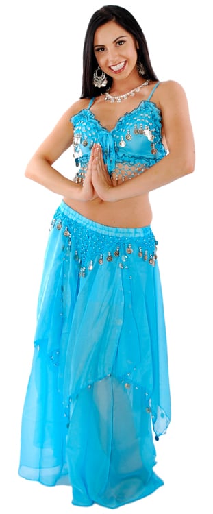 2-Piece Belly Dancer Costume with Coins - BLUE TURQUOISE / SILVER